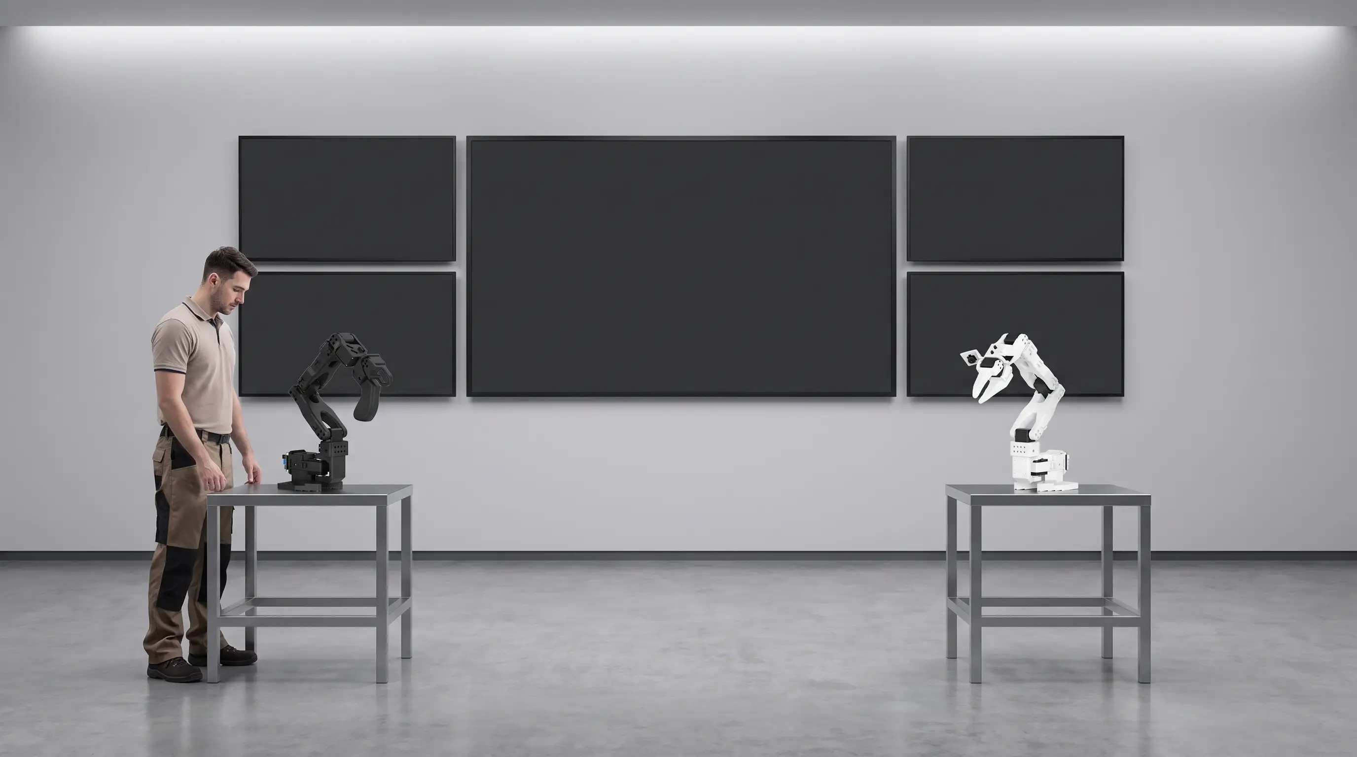 Shop-floor operator beside the black Leader robot on its table, with the white Follower robot on a separate table opposite